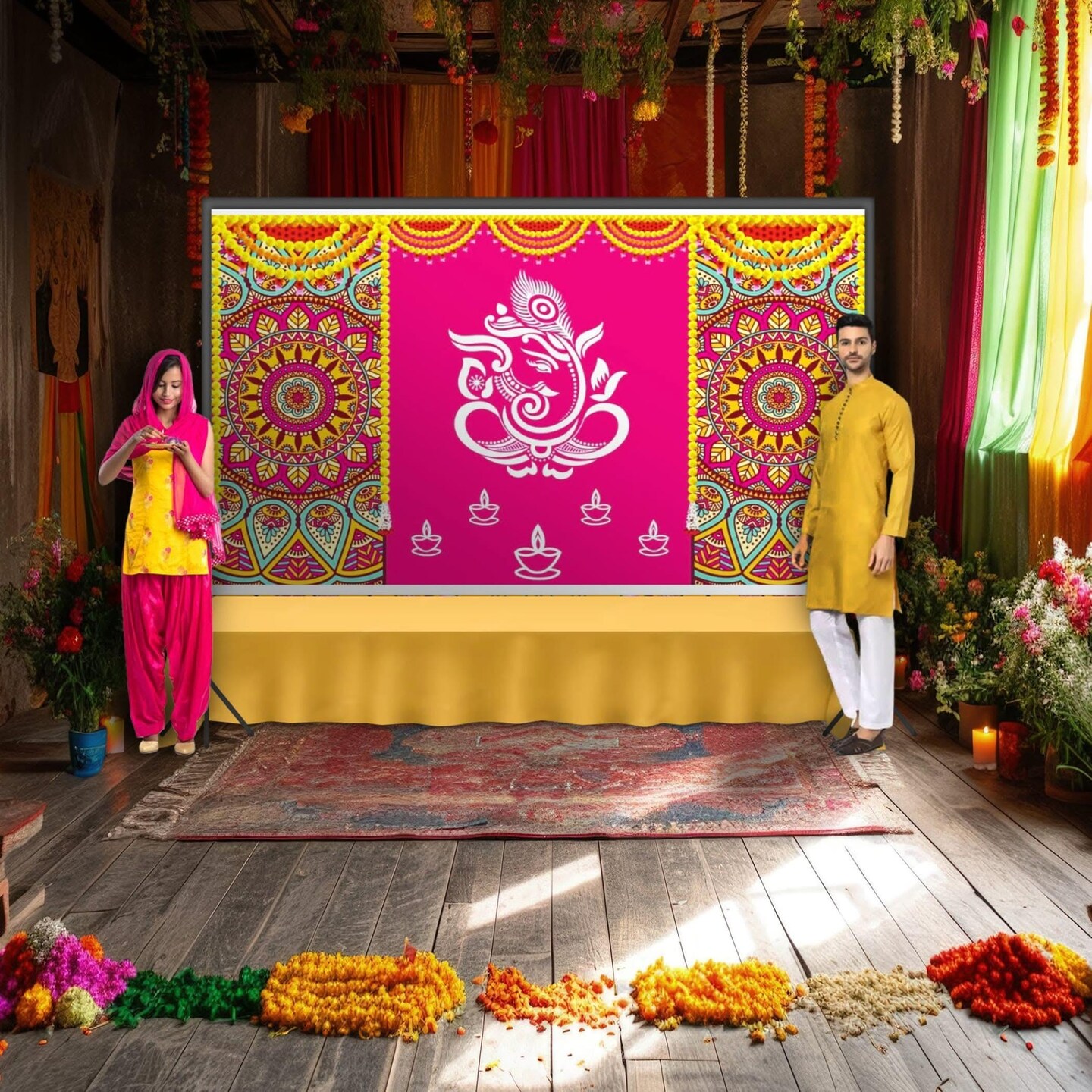 Lord Ganesh Backdrop 5x8 Feet Indian Traditional Cloth Backdrop Pooja Backdrop Indian Wall Art Photo Decor Banner Diwali Decor Wedding Backdrop Decorative Cloth Housewarming Gift