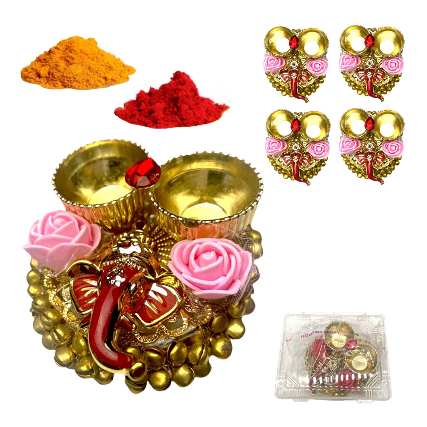 Pack of 4 Ganesha Bulk Haldi Kumkum Thali Holder Pooja Return Gift Indian Housewarming Gifts Haldi Kumkum Holders Roli Chawal Platter Indian Wedding Favor