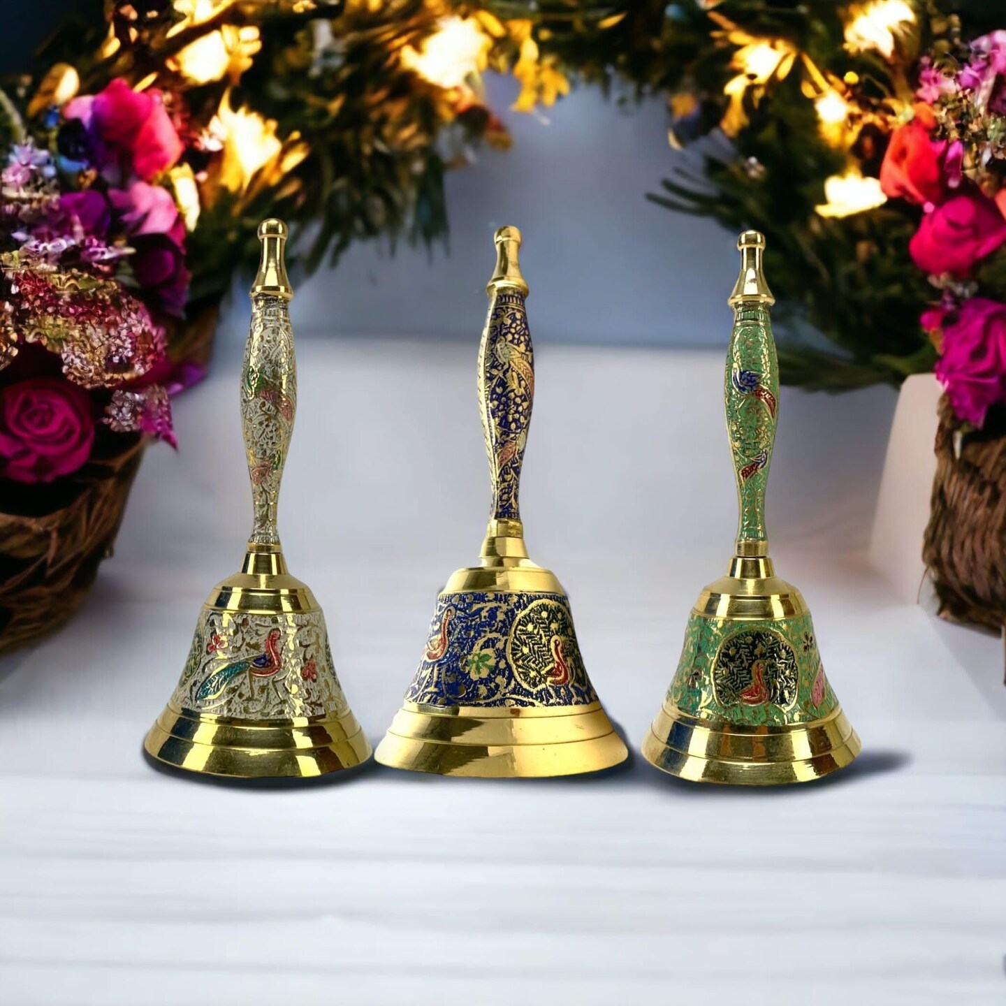 Decorative Peacock Temple Bells Brass Puja Ghanti Hindu Mandir Bell Coloured Pooja Jingle Bells Indian Home Decor Hand Painted Bell Housewarming Gift