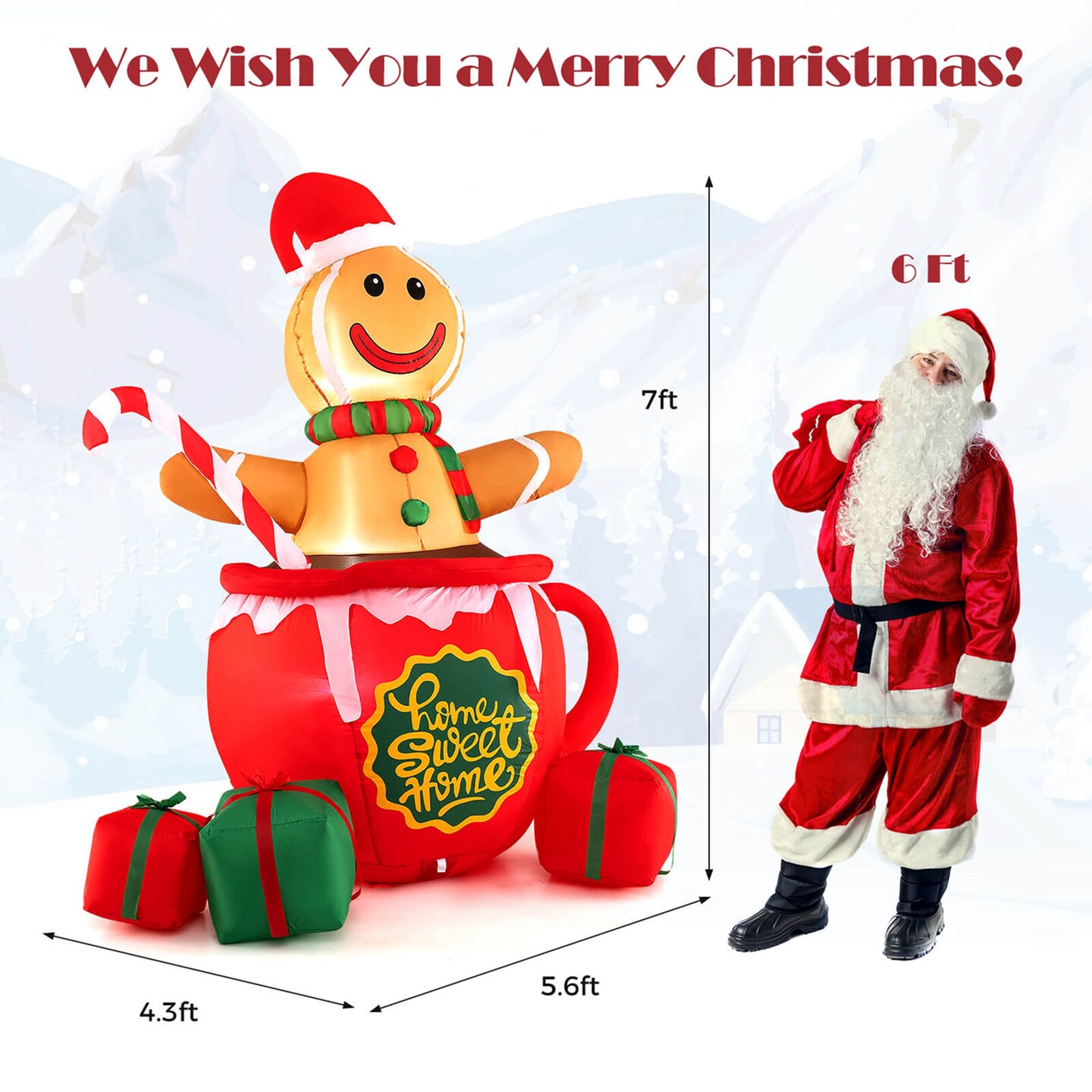 Costway 7 FT Christmas Inflatable Blow up Pre-Lit Gingerbread Man in Mug with Gift Boxes