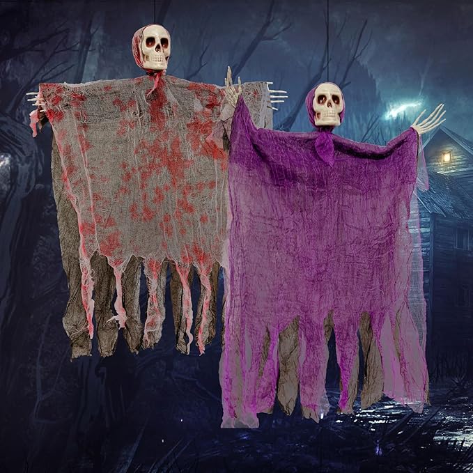 3 Pack 31.5 Inches Hanging Grim Reaper Decorations, Halloween Skeleton Props with Cloaks, Indoor Outdoor Yard Decor for Parties, Haunted House, Scary Tree Ornament Favors