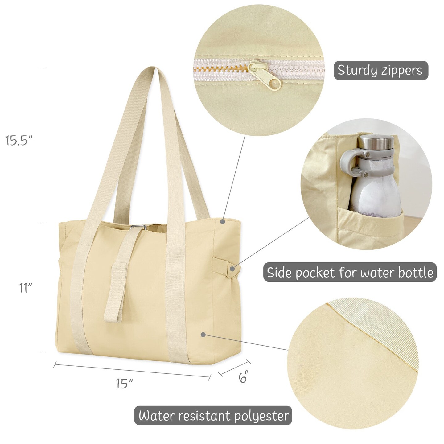Wrapables Sporty Yoga Tote Bag, Gym, Work, Overnight and Travel Bag, Cream