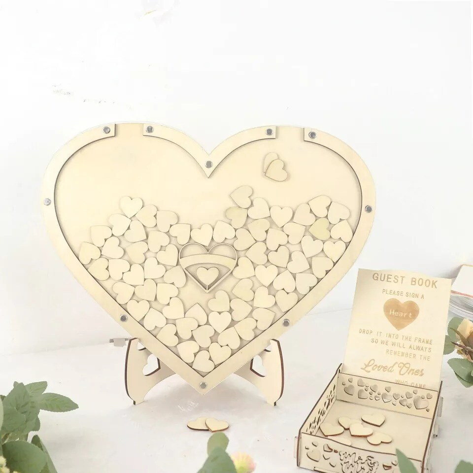 13&#x22; Natural Wooden Heart Drop Top Frame Wedding Guest Book Sign Set Party Event