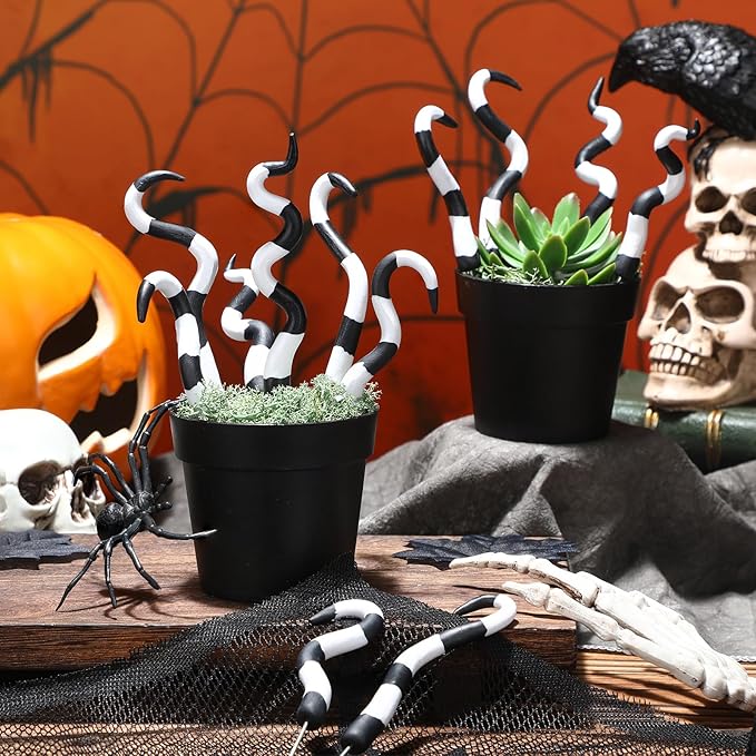 12 Pcs Halloween Sandworm Decoration Black and White Striped Plant Stakes Spooky Plant Decoration for Front Porch Plant Ornaments Decoration