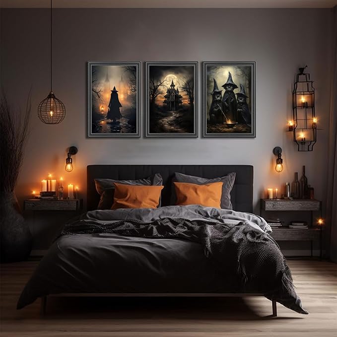 3pcs Halloween Canvas Wall Art Dark Academia Scary Witch Black Cat Castle Posters Prints Thriller Horror Gothic Wall Decor Pictures for Halloween Party House Decoration Unframed