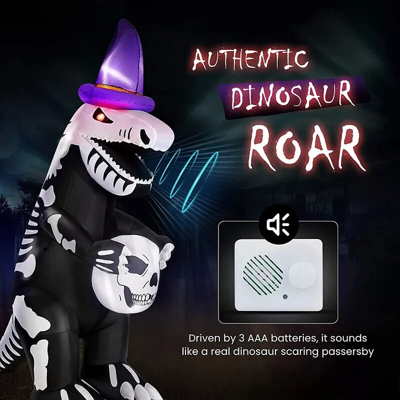 8ft Halloween Inflatable Blow up Skeleton Dinosaur w/ Flickering Eyes & Speaker