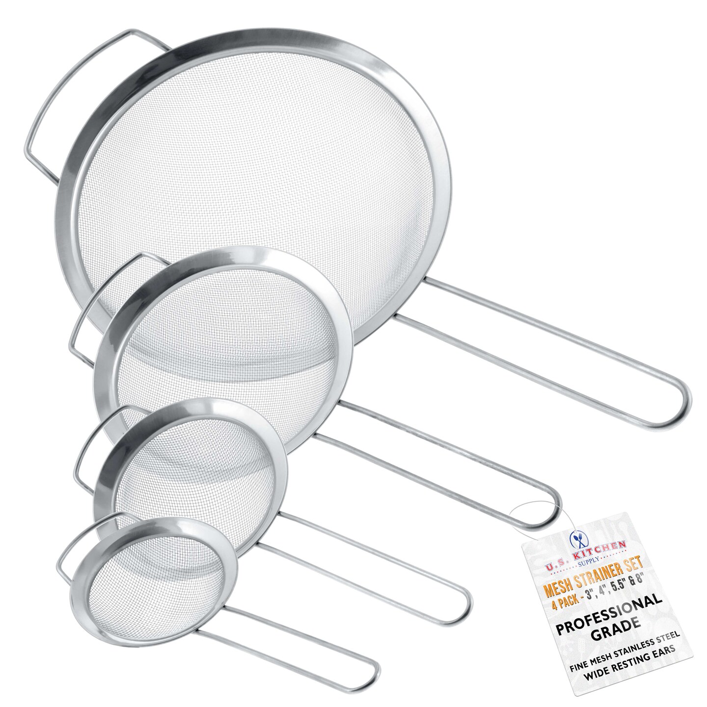 U.S. Kitchen Supply&#xAE; - Set of 4 Premium Quality Fine Mesh Stainless Steel Strainers with Wide Resting Ear Design - 3&#x22;, 4&#x22;, 5.5&#x22; and 8&#x22; Sizes