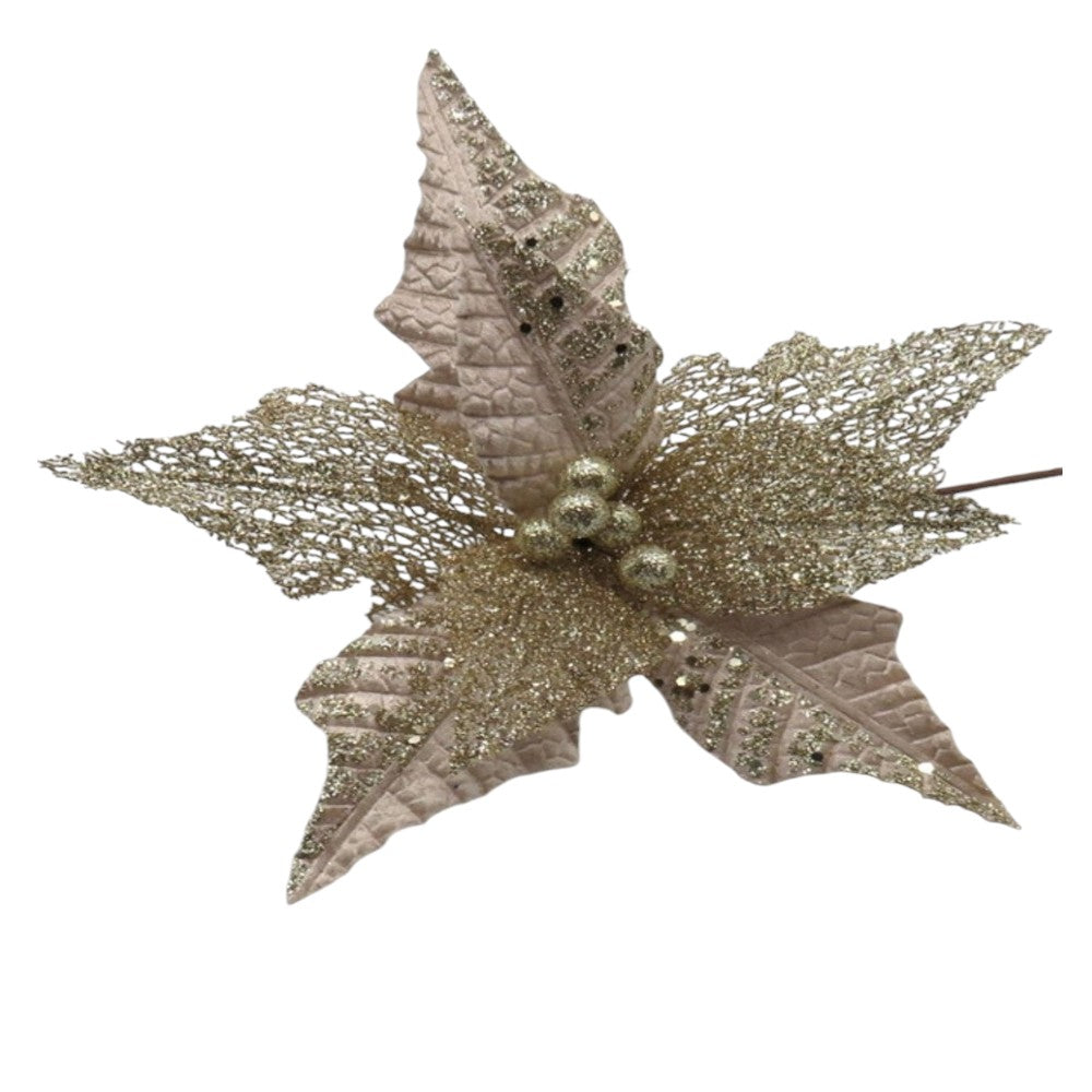 12&#x22; Champagne Velvet Poinsettia Flower with Sheer Edges &#x2013; Elegant Christmas Floral Decoration