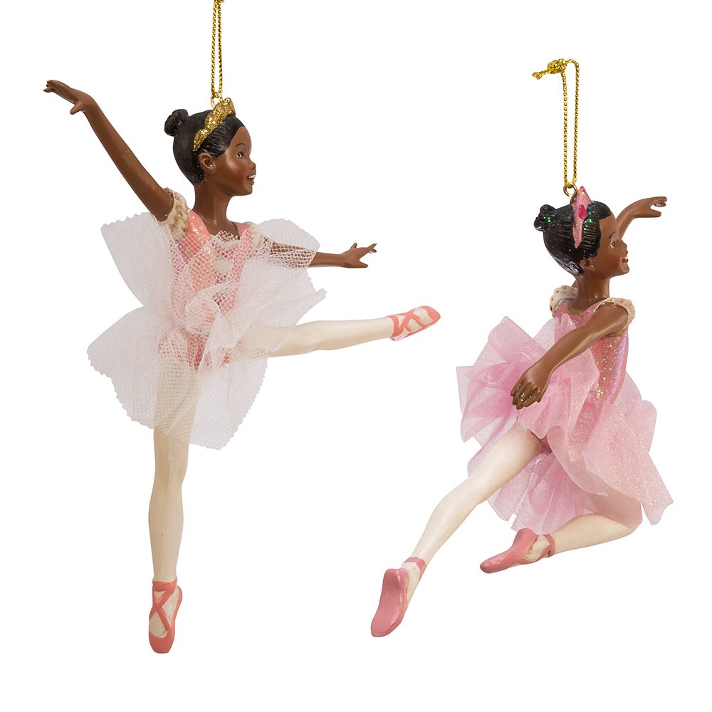 6.5&#x22; African American Ballerina Ornaments &#x2013; Set of 2 Assorted Elegant Christmas Decorations