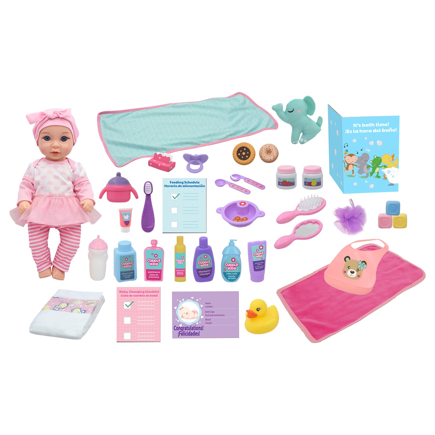 Cuddle Kids: Love N&#x27; Feed Playset - 15&#x22; Baby Doll - Pink Tutu Outfit - Cuddly Elephant Plush, 33pc Care Toy Accessories, Hard Body, Kids Age 3+