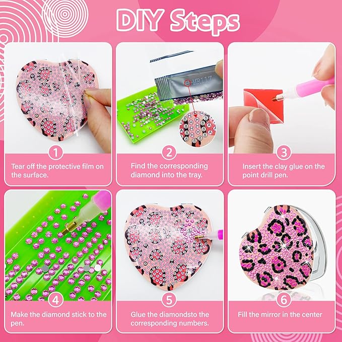 Diamond Painting Compact Mirror Crystal Makeup Mirror DIY Diamond Art Mirror Pocket Mirror Portable 4 Pcs Christmas Birthday Gifts for Women Girls(Animal)