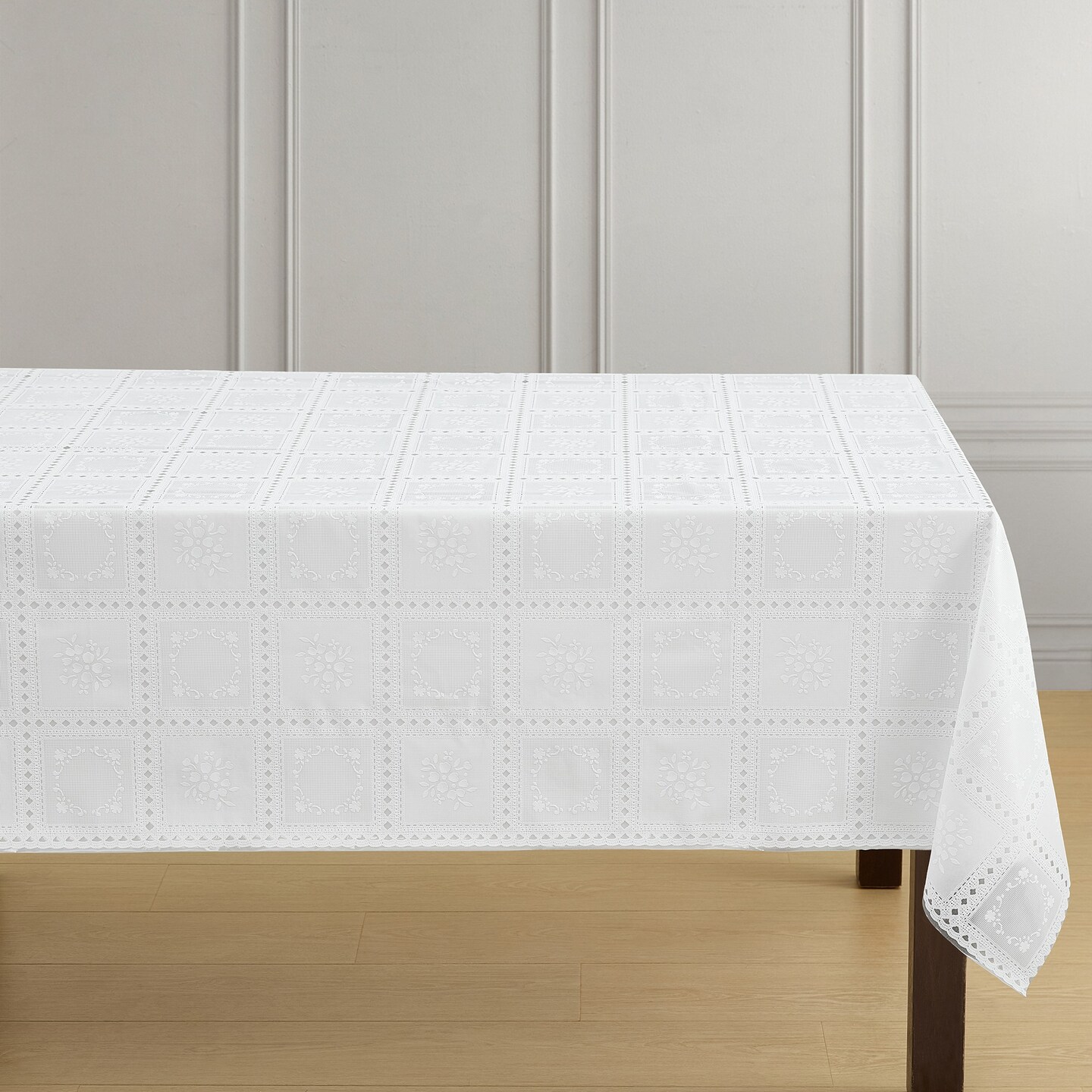 Threadmade Home Crochet Lace-Inspired 3-Yard Cut-to-fit Vinyl Tablecloth/Table Protector , White - 54"W x 108"L