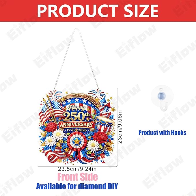 Acrylic Diamond Art Hanging Kit for Adults 4th of July Wreath, DIY Diamonds Painting Door Hanger Board Kit, Special Crystal Diamond Art Painting Pendant Ornament (Happy 250th Anniversary)