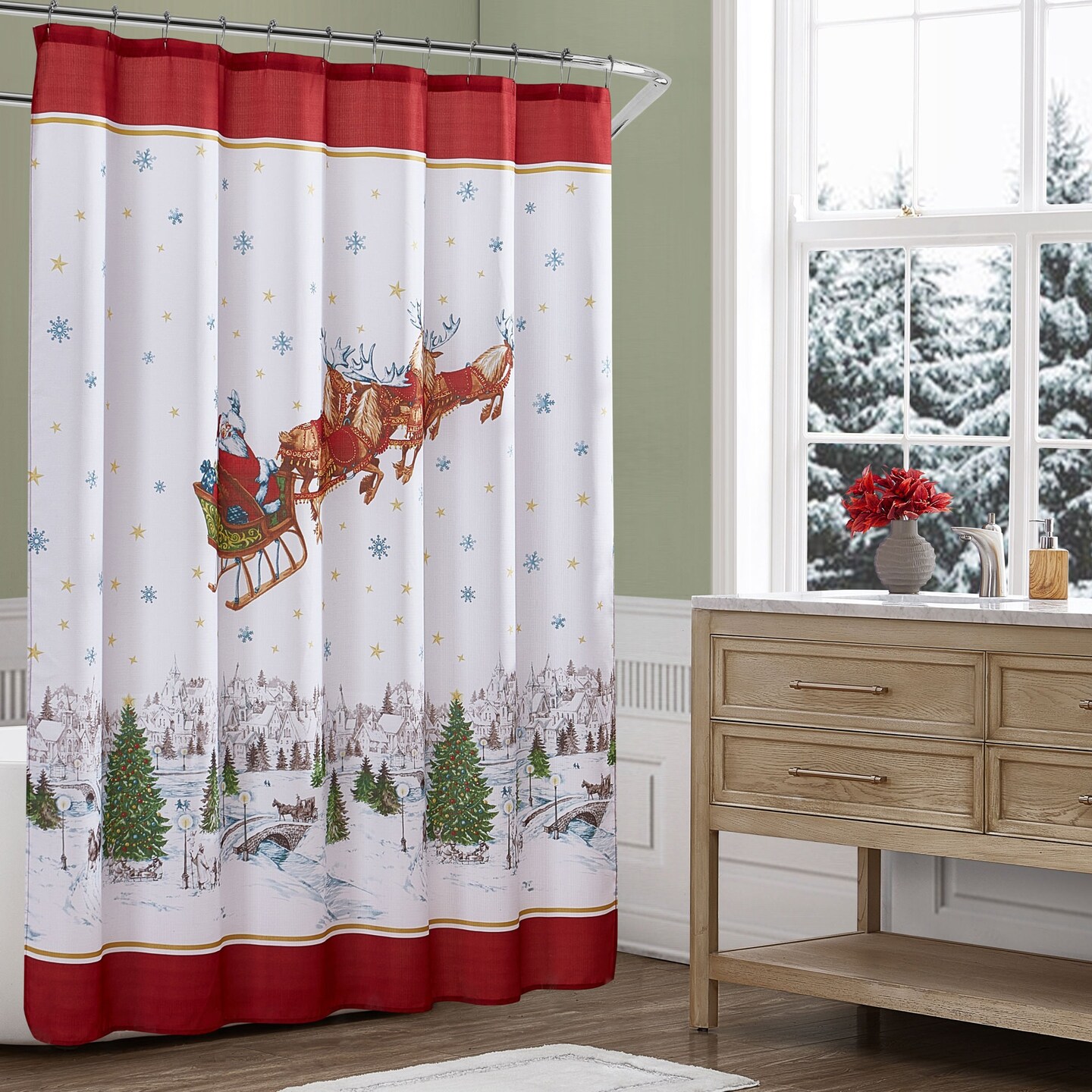 Threadmade Home Santa’s Snowy Sleighride Holiday Fabric Shower Curtain, Multicolor - 70"W x 72"L