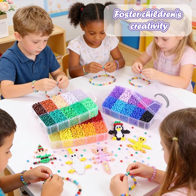 10,000 Pcs Pony Beads Bulk Set with 3-Layer Storage Box, 30 Assorted Rainbow Colors Kandi Beads (6x9mm) for Friendship Bracelets, Jewelry Making & Hair Braiding