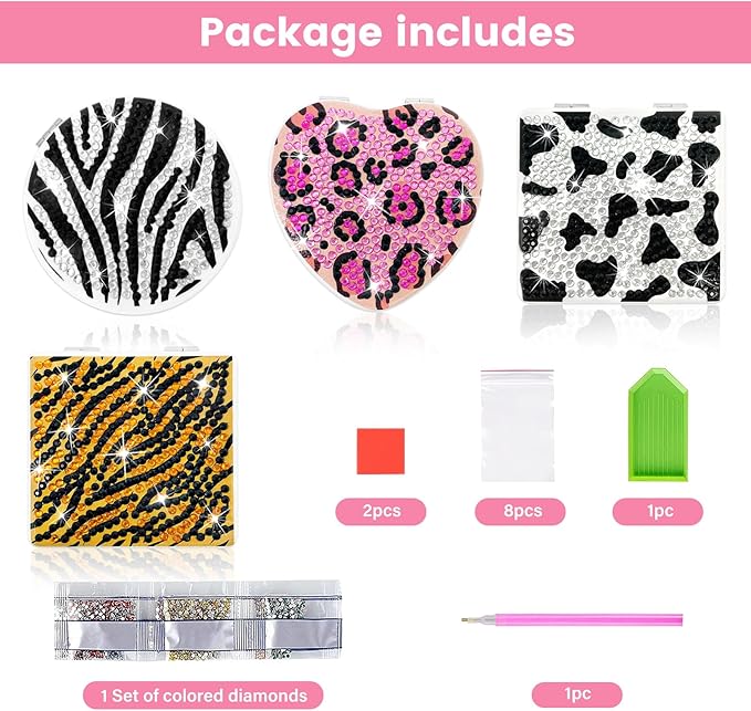 Diamond Painting Compact Mirror Crystal Makeup Mirror DIY Diamond Art Mirror Pocket Mirror Portable 4 Pcs Christmas Birthday Gifts for Women Girls(Animal)