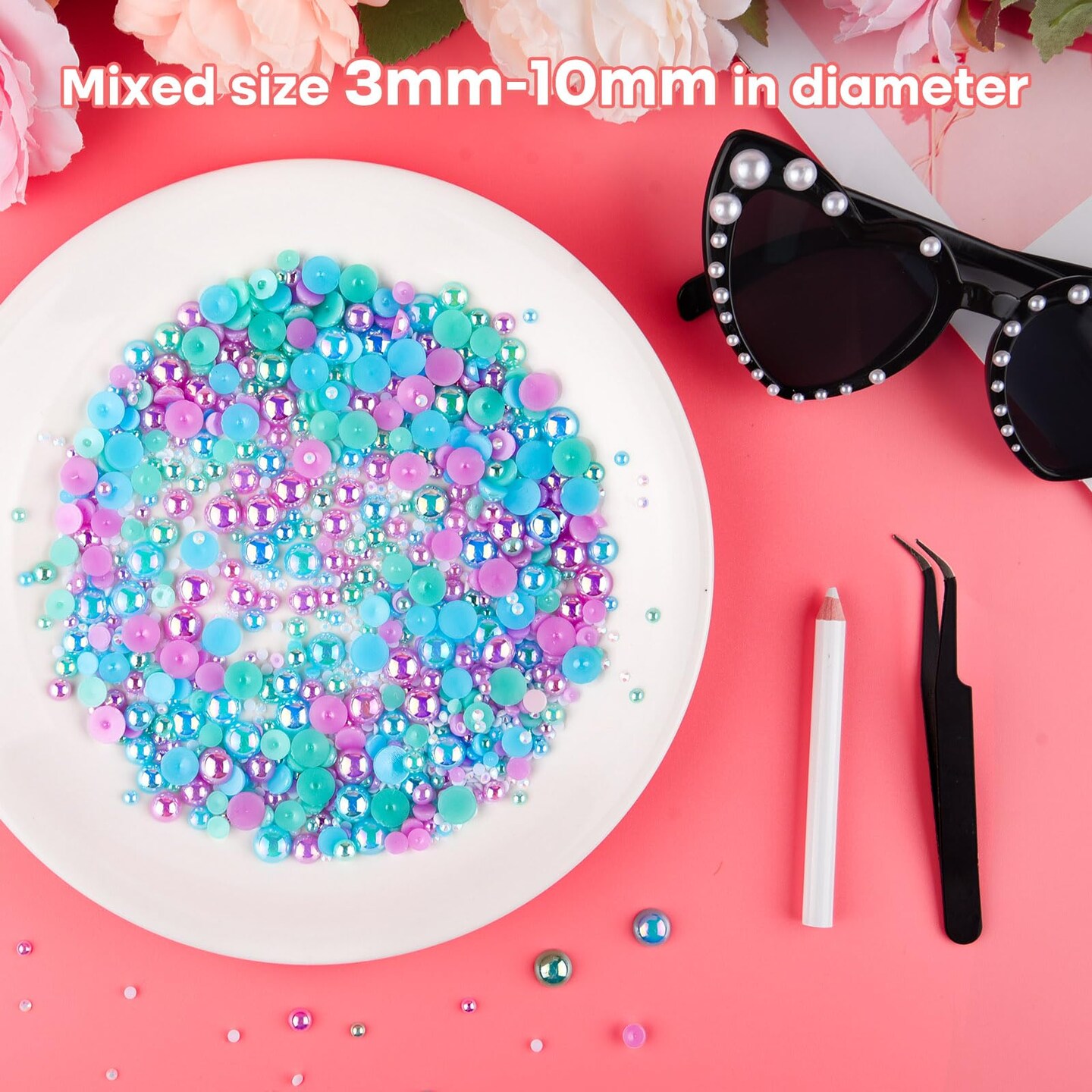 50g Mix Flatback Rhinestones Half Pearls for Crafts Mixed Size 3mm-10mm Flat Back Rhinestones for Crafts Flatback Pearls for Decorating Tumblers Mugs Nail Art Shoes (Blue,Purple,Green)