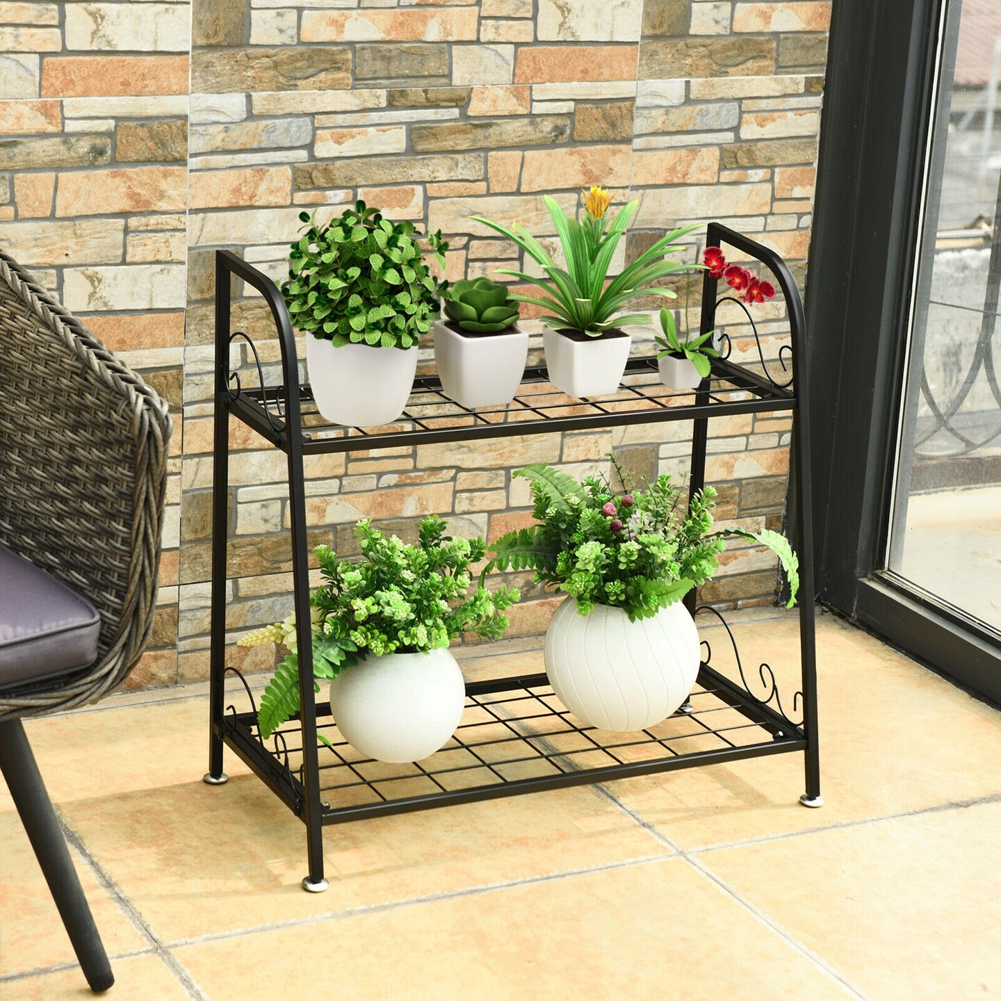 Black Steel 2-Tier Plant Stand with Split-Level Shelves and Handles