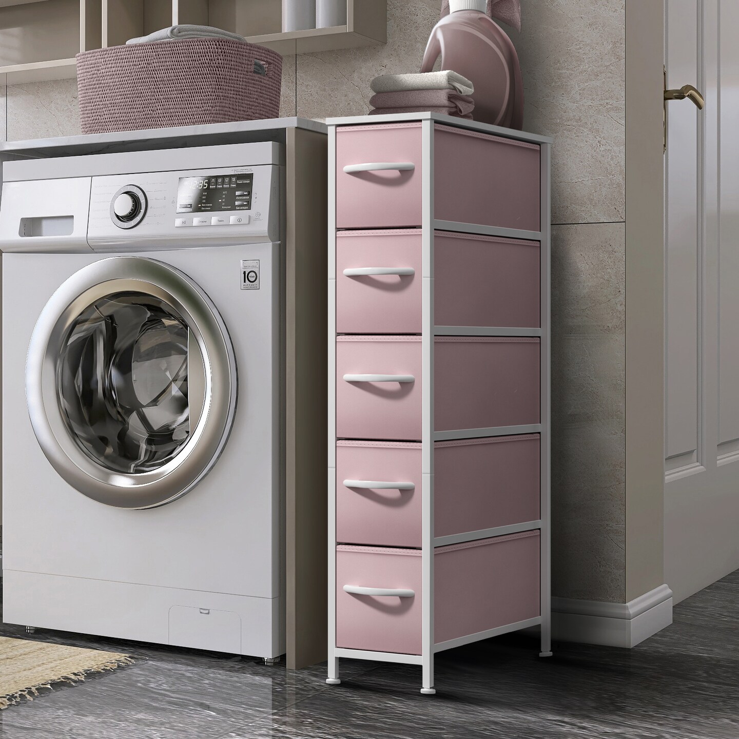 Sorbus Narrow Dresser with 5 Drawers - Steel Frame, Wood Top & Easy Pull Fabric Bins