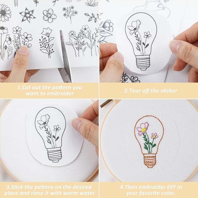 CRASHOT 4 Sheets Christmas Stick and Stitch Embroider Paper Wash Away, 48 Pcs Winter Snowflakes Embroidery Patterns, Suprise Hand Sewing Lover