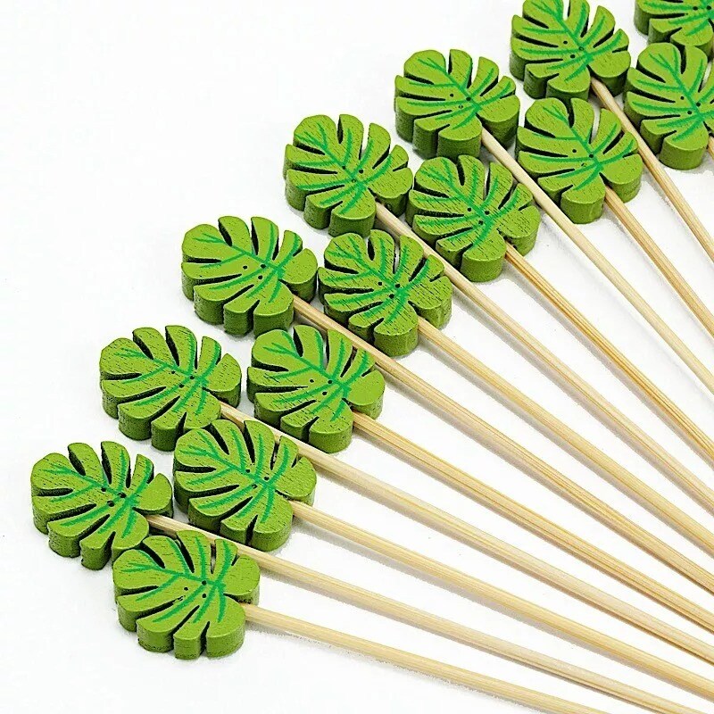 100 Light Brown Natural Bamboo SKEWERS Picks Cute Leaves Party Buffet Bar Home