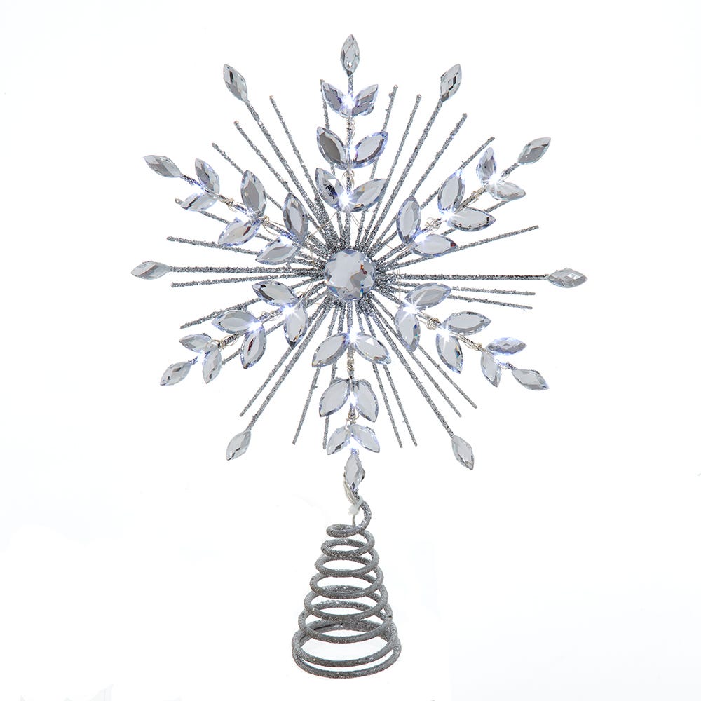 11.75. Inch 18-Light cool White Micro LED Silver Glittered Snowflake Treetopper