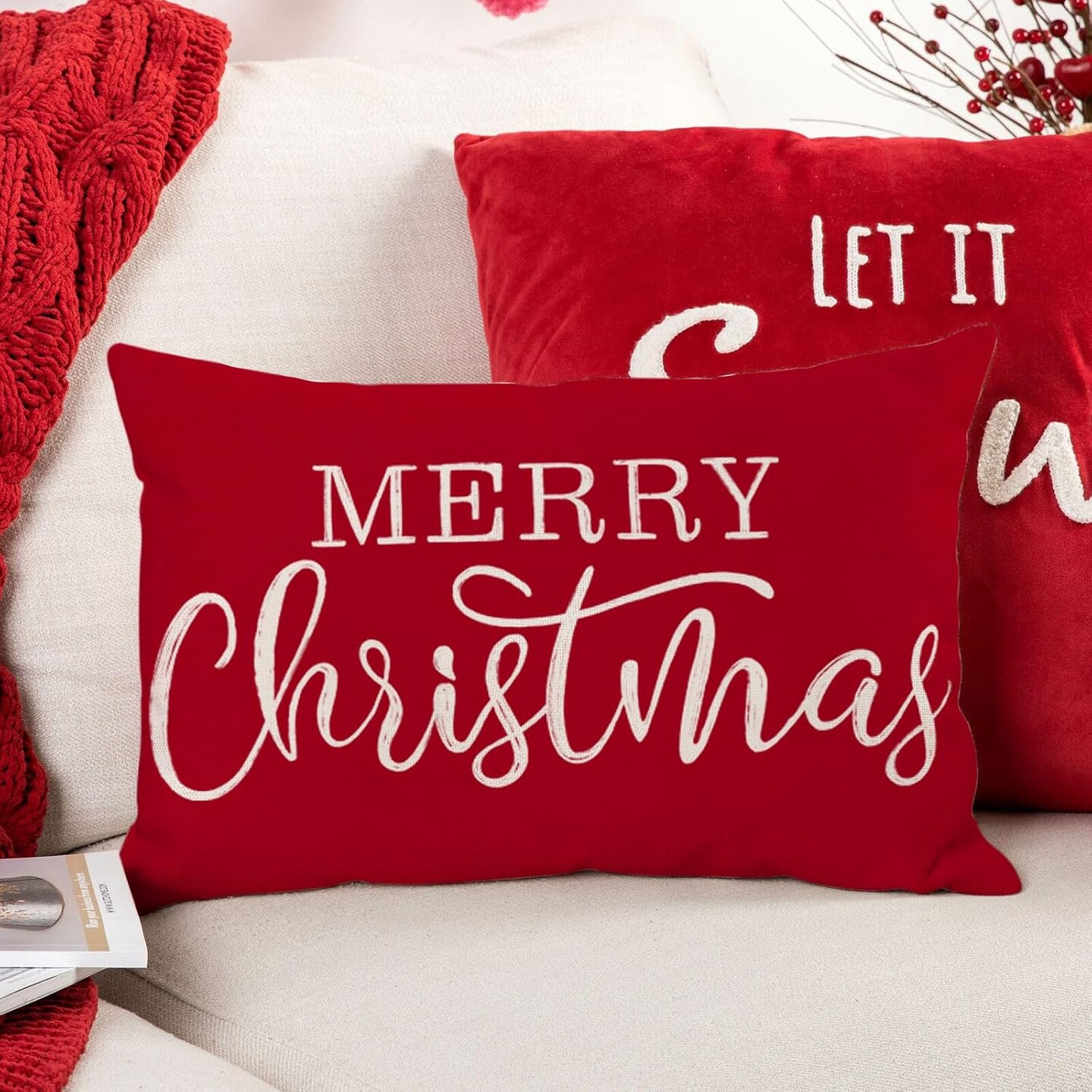 Red Christmas Lumbar Pillow Cover 12x20 Inches for Christmas Decorations Merry Christmas Throw Pillow Covers Winter Holiday Cushion Case Decoration for Sofa Couch