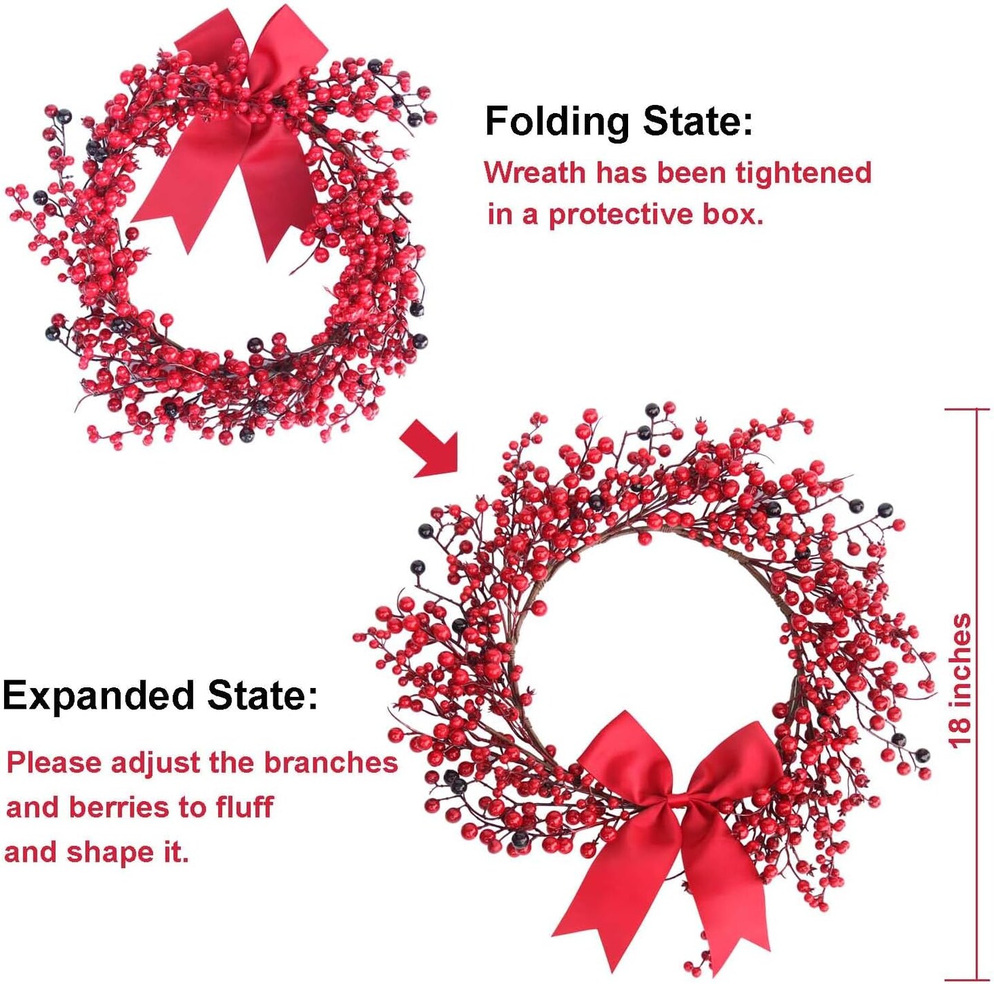 18 Inch Artificial Christmas Wreath for Door Red Berry Wreath Xmas Holiday Winter Wreath with Bowknot Christmas Wreath Decorations for Front Door Home Indoor Outdoor Farmhouse Wall Window