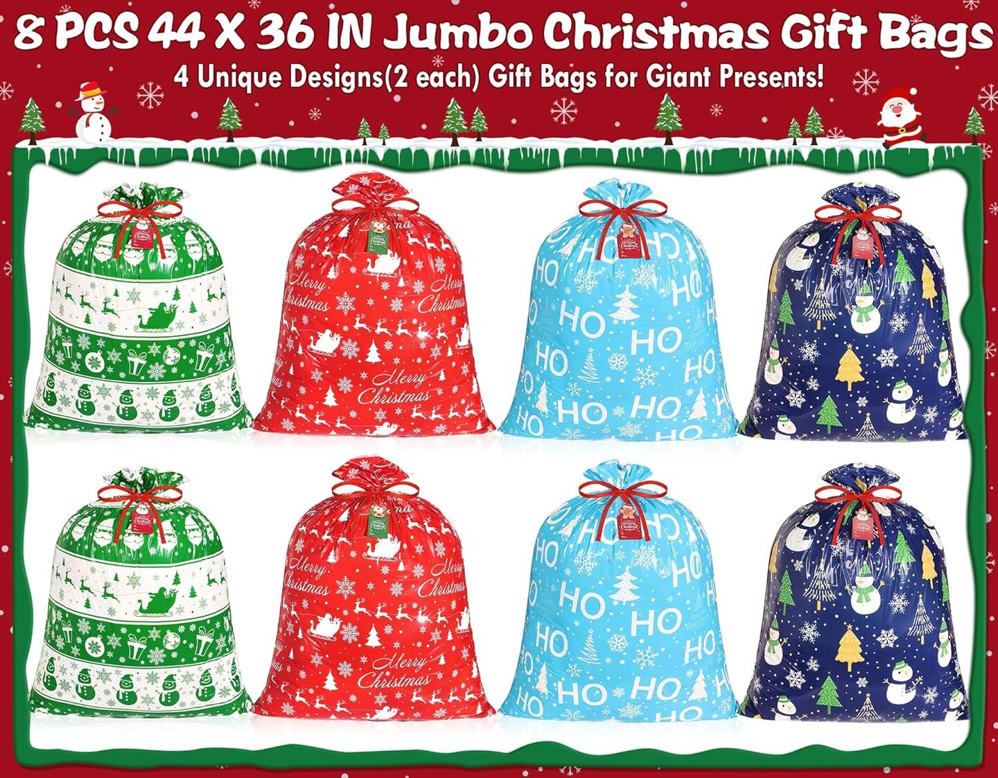 8 PCS Extra Large Christmas Gift Bags With Tags &#x26; Strings, 44&#x22;X36&#x22; Jumbo Christmas Gift Bags Large Size for Giant Gifts, Plastic Gift Wrapping Bags Xmas Holiday Party Favor Decoration Supplies