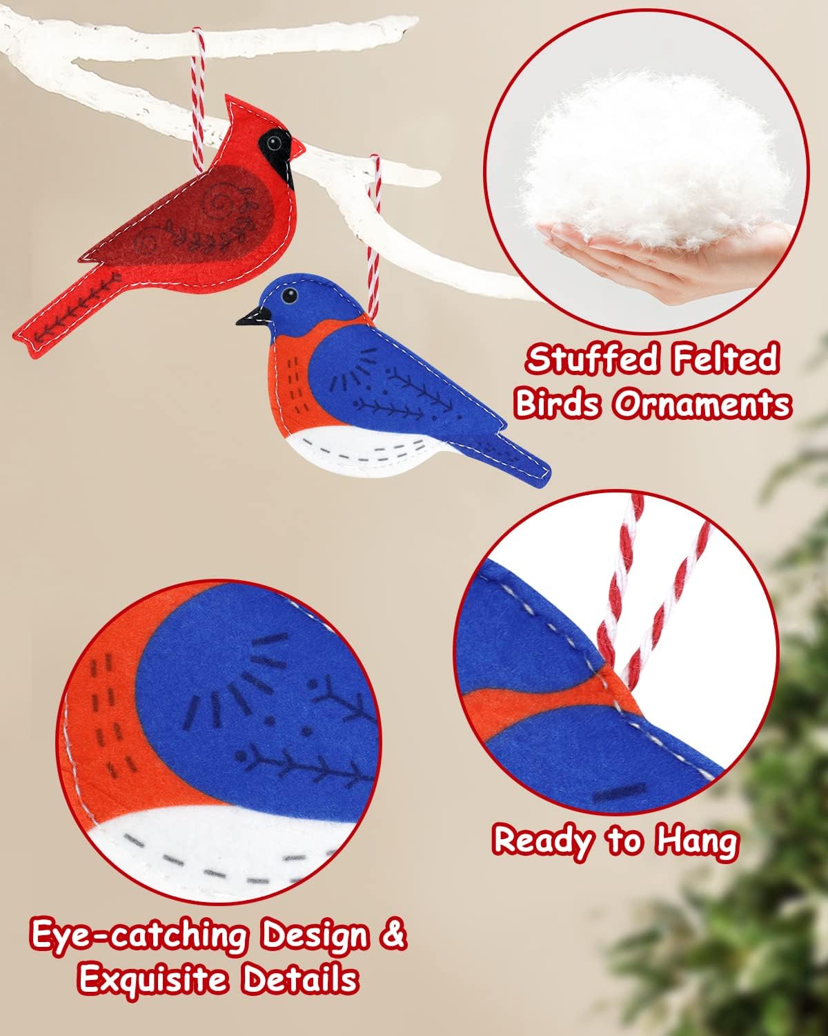 Felt Birds Ornaments Kit Christmas Tree Woodpecker Cardinal Goldfinch Fabric Stuffed Hanging Decor Winter Tags Basket Stuffer Set of 10