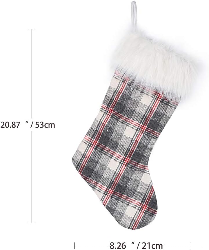 2024 Personalized Christmas Stocking Ornaments, Xmas White-Grey Plaid Christmas Socks Plush Faux Fur, Home Decorations Gifts 21 inch