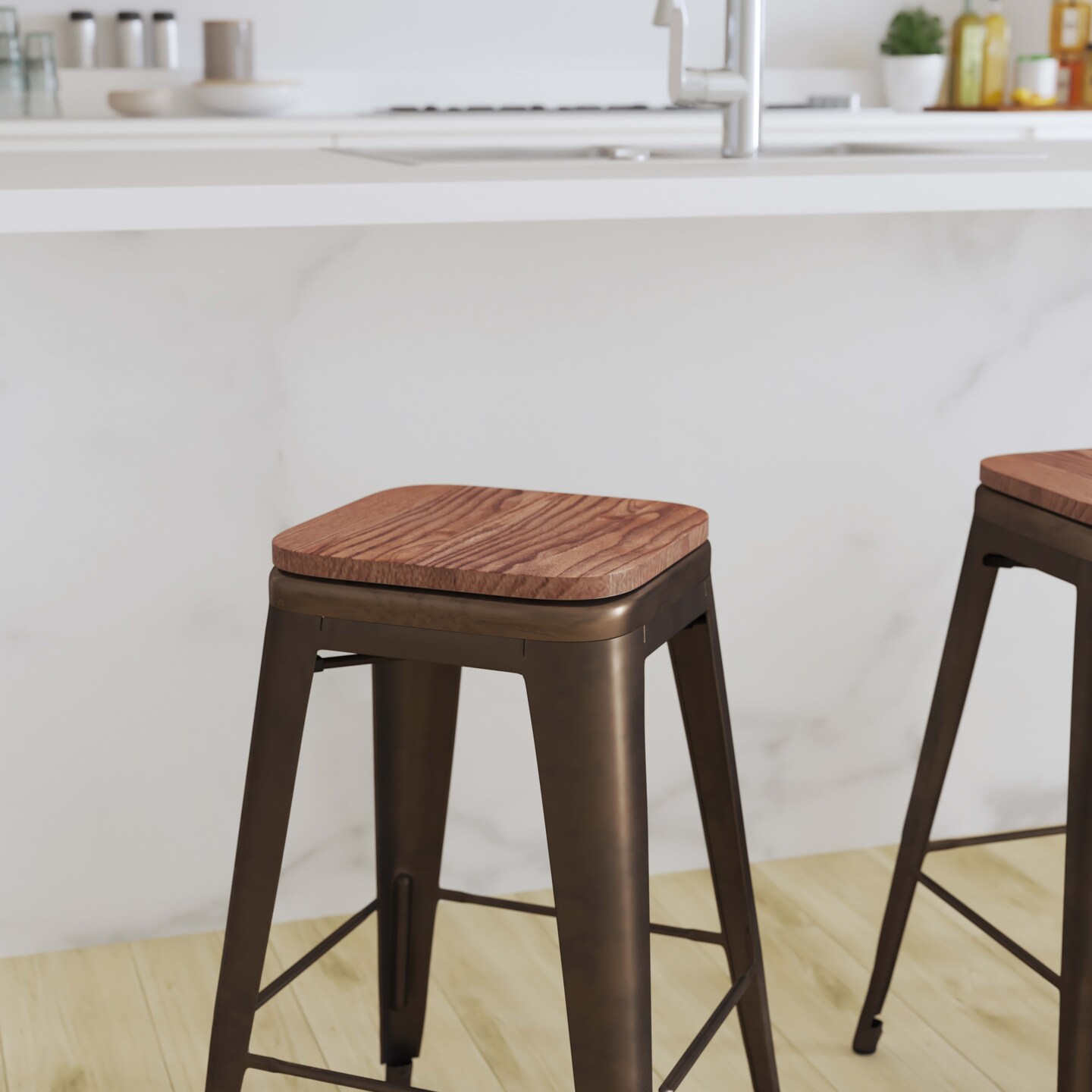 Merrick Lane Brooklyn 24 Inch Tall Stackable Metal Bar Counter Stool With Textured Elm Wood Seat In Set Of 4