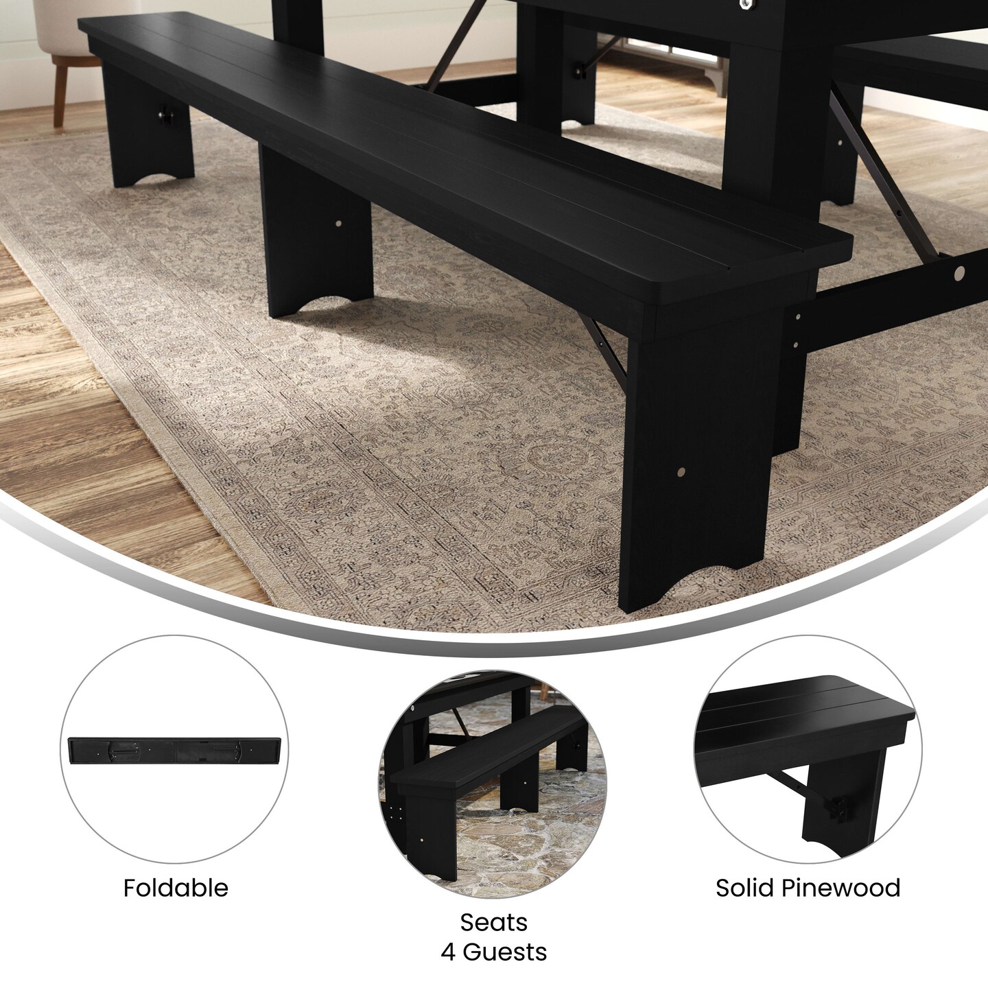 Merrick Lane Tinsley 96&#x22; x 12&#x22; Solid Pine Folding Farmhouse Style Bench