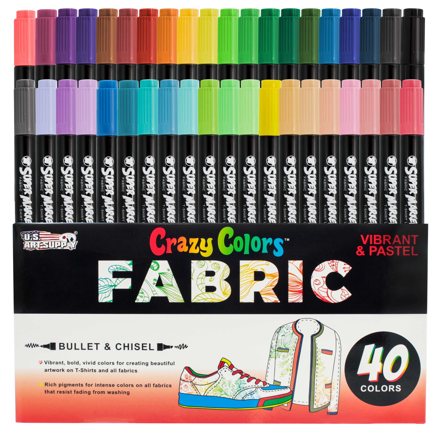 40 Unique Primary &#x26; Pastel Colors Dual Tip Fabric &#x26; T-Shirt Marker Set - Double-Ended Fabric Markers with Chisel Point and Fine Point Tips Vibrant Ink