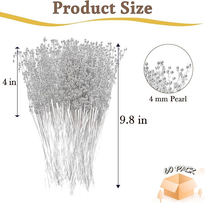 4mm Bead String Garland Beaded Spray Filler Floral Arrangements Tree Picks Wedding Party Decoration, Christmas Decorations, Christmas Tree Picks (Silver)