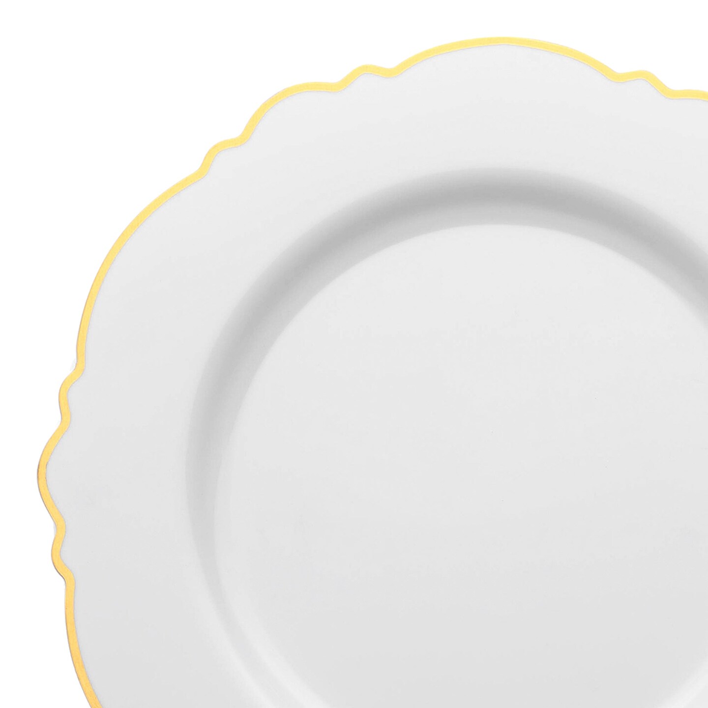 White with Gold Rim Round Blossom Disposable Plastic Dinner Plates - 10.25" (120 Plates)