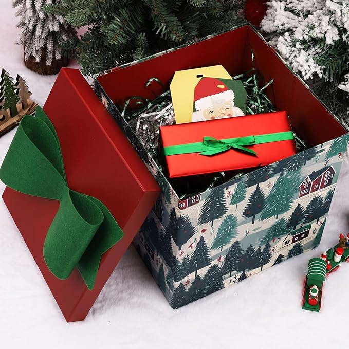Large Christmas Gift Boxes with Lids,10x10x10 Inches Christmas Tree Design Folding Square Gift Boxes for Christmas Decorative,Xmas,Present,Storage,Green