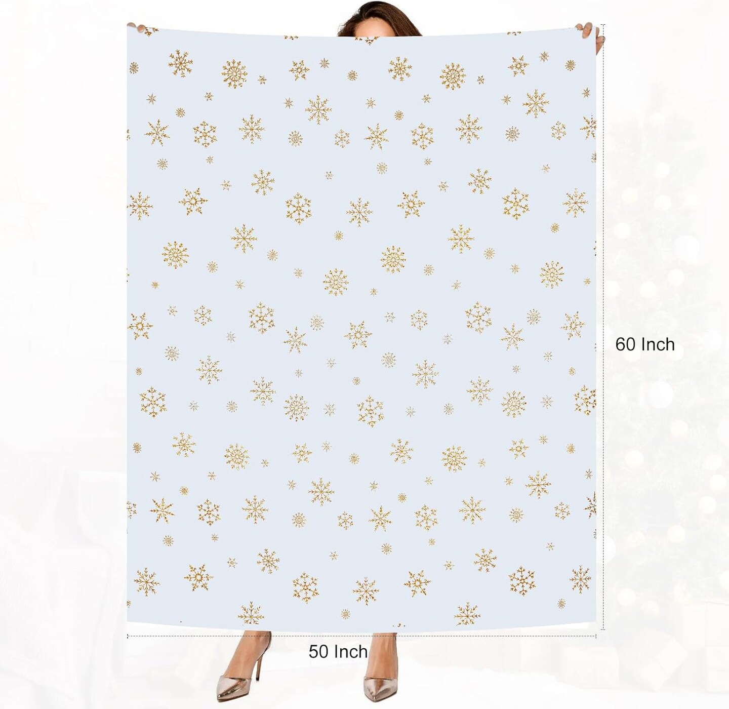 Christmas Throw Blanket, Soft White Winter Fleece Blanket Throw, Gold Snowflake Warm Fuzzy Flannel Blanket for Couch Sofa, Decorative Comfort Luxury Blanket 50&#x27;&#x27; x 60&#x27;&#x27;, Christmas Decorations