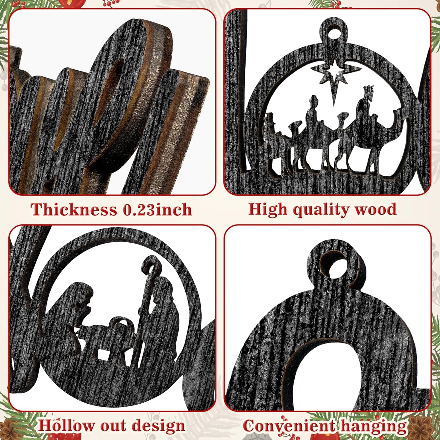 Christmas Nativity Scene Tree Ornaments Christmas Wooden Hanging Ornaments Word Sign Religious Letter Hanging Craft The Birth of Jesus Wooden Decorations for Xmas Outdoor Home Decor (Black)