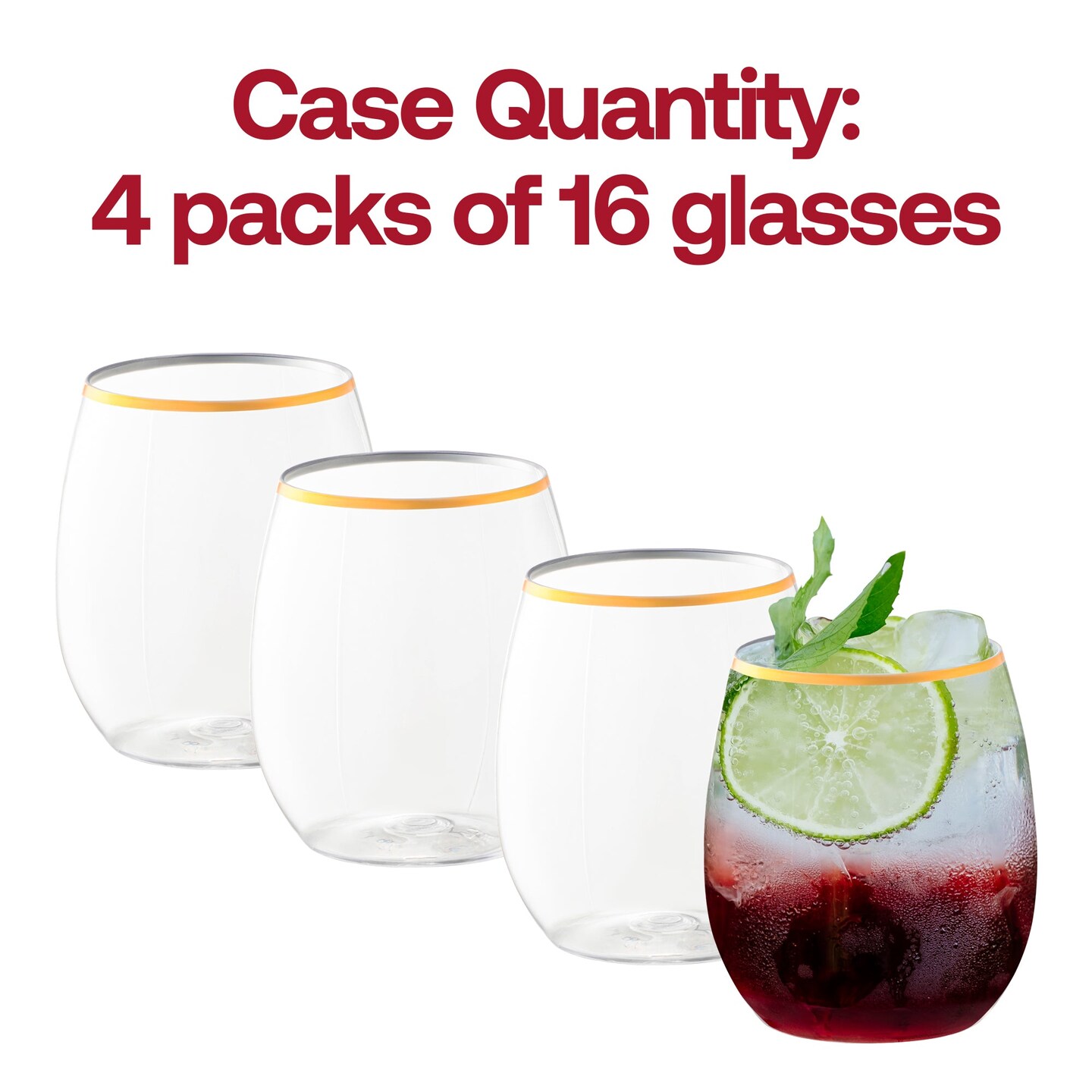 Clear with Gold Elegant Stemless Plastic Wine Glasses - 12 oz. (64 Glasses)