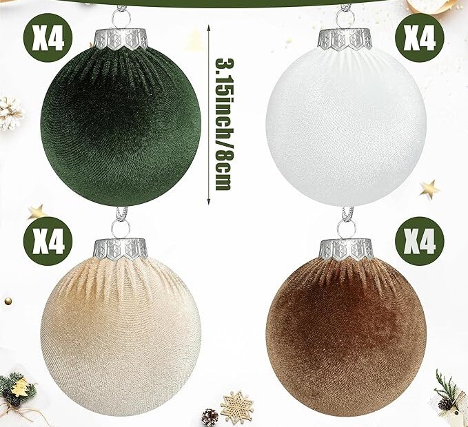 16pcs Velvet Balls Christmas Tree Ornaments Green & Brown Xmas Tree Decorations Indoor Holiday Decor