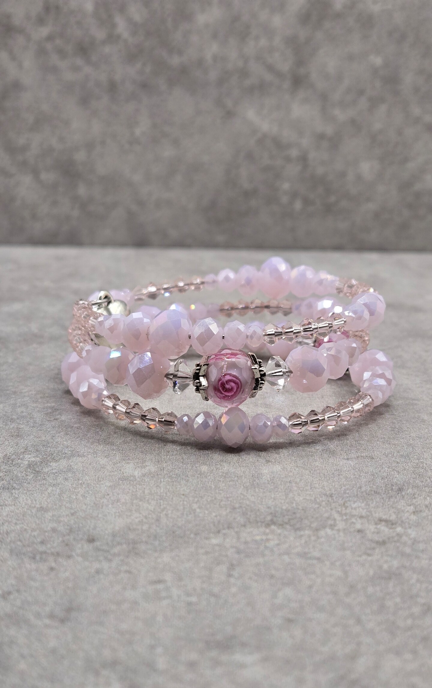3 Coil Memory Wire Bracelet, Pink Crystal Bangle Bracelet