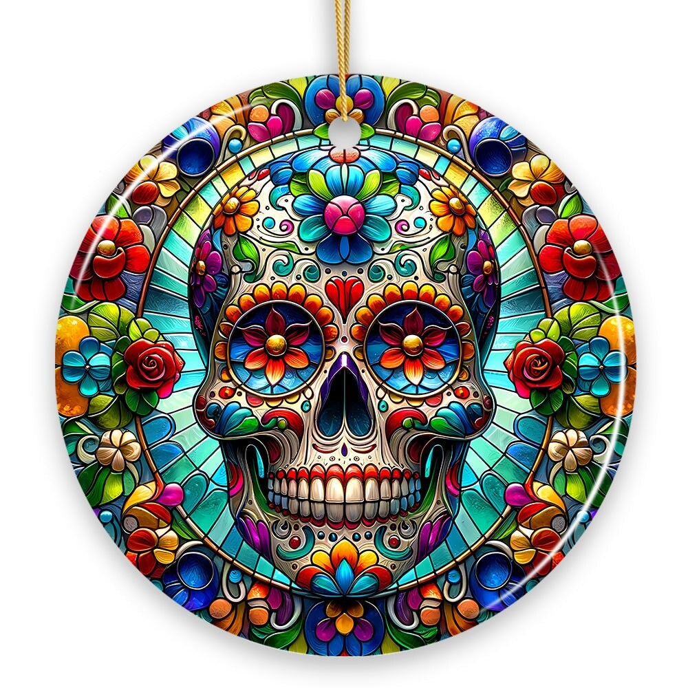 Sugar Skull Stained Glass Themed Ceramic Ornament, Day of the Dead Mexican Christmas Gift