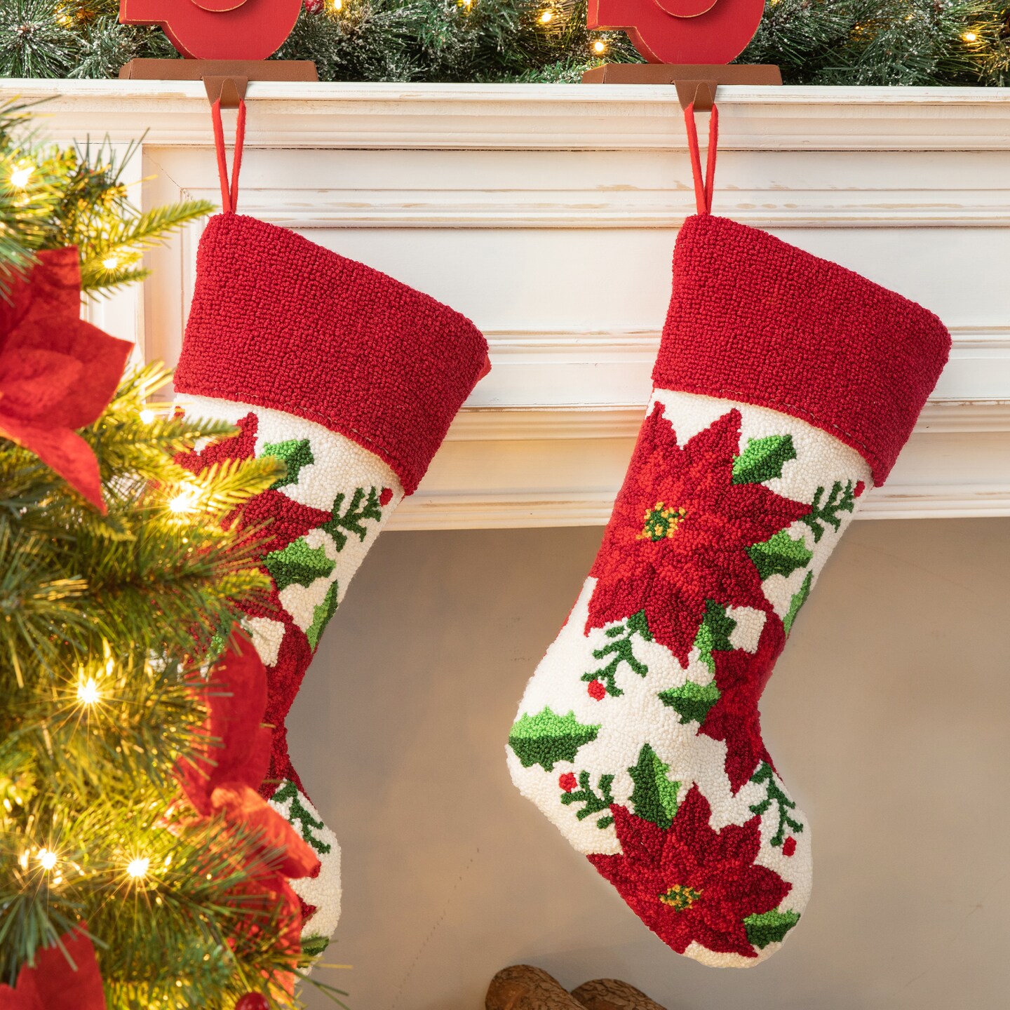 Set of 2 21.00&#x22;L Hooked Stocking (Poinsettia/Cardinal)