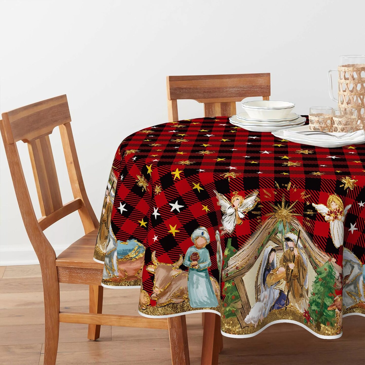 Christmas Tablecloth 70&#xD7;70 Inch Round, Holy Nativity Red Buffalo Plaid Washable Table Cover for Party Picnic Dinner Decor