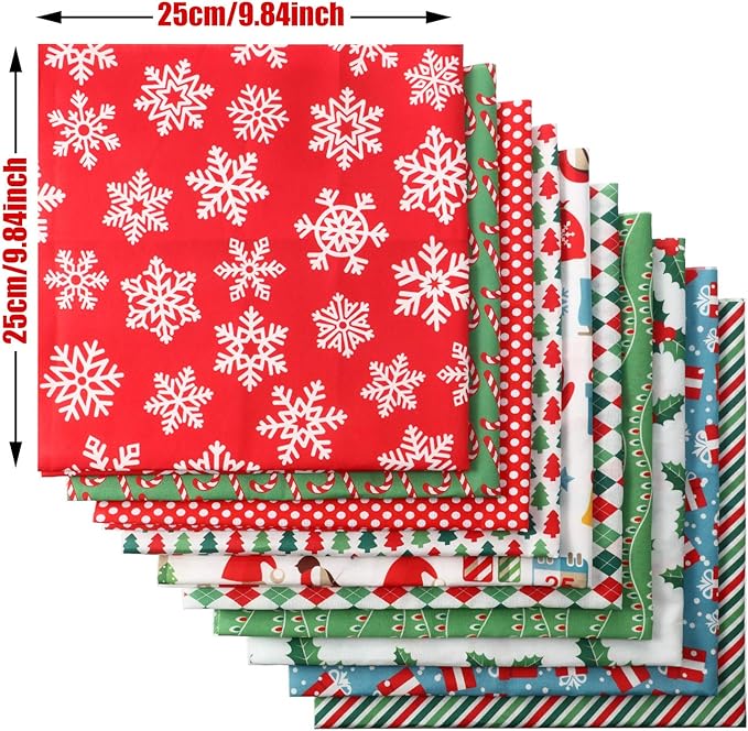 10 Pieces Christmas Cotton Fabric Squares Precut Quilting Fabric Patchwork Christmas Snowflake Print Red Green Fabric for Xmas Sewing Crafting DIY Supplies (25 x 25 cm/ 9.84 x 9.84 Inch)