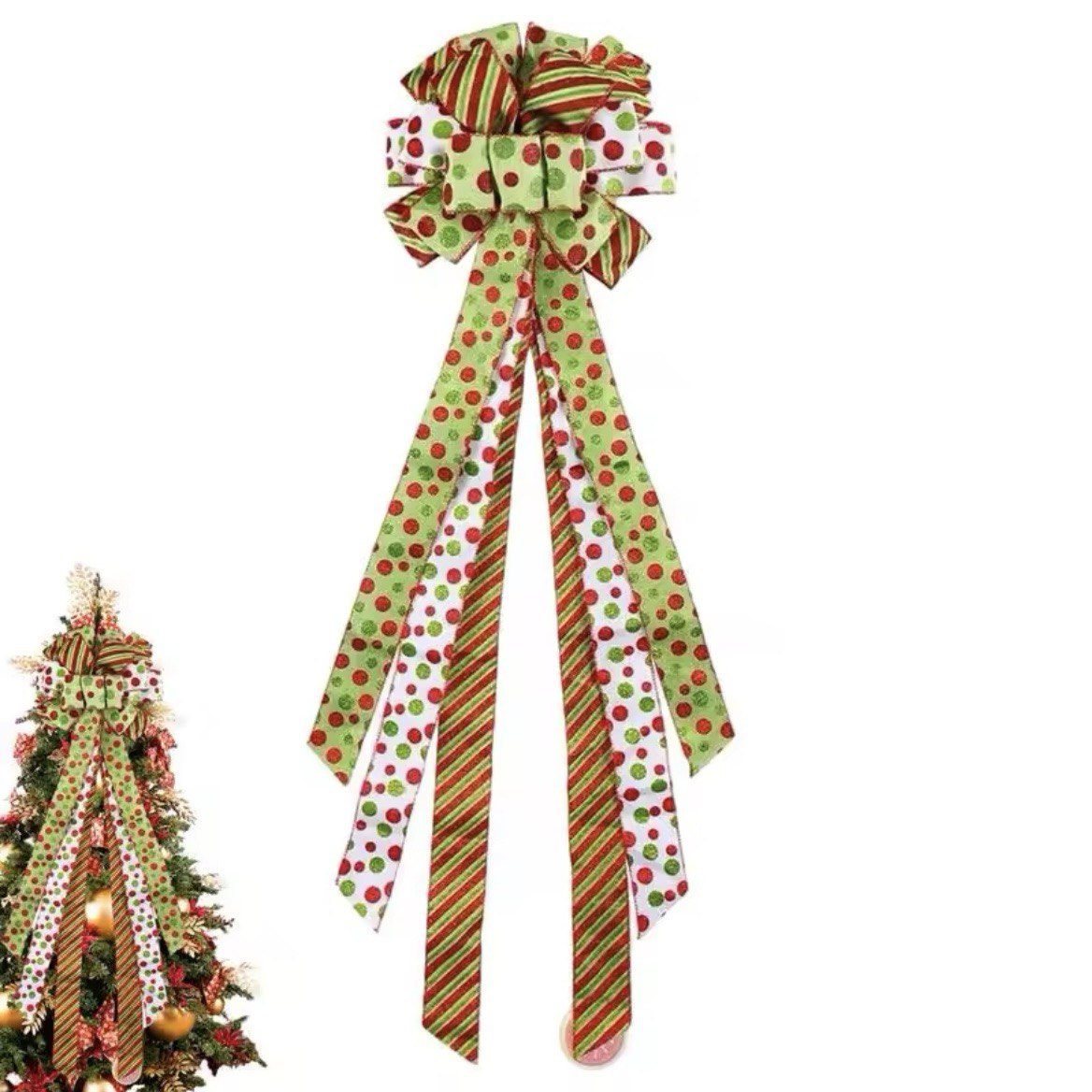 Christmas Tree Topper Wreath Bow Large Green Christmas Bow Tree Topper Red Green Dot Gift Bow for Xmas Ornament Holiday Decoration