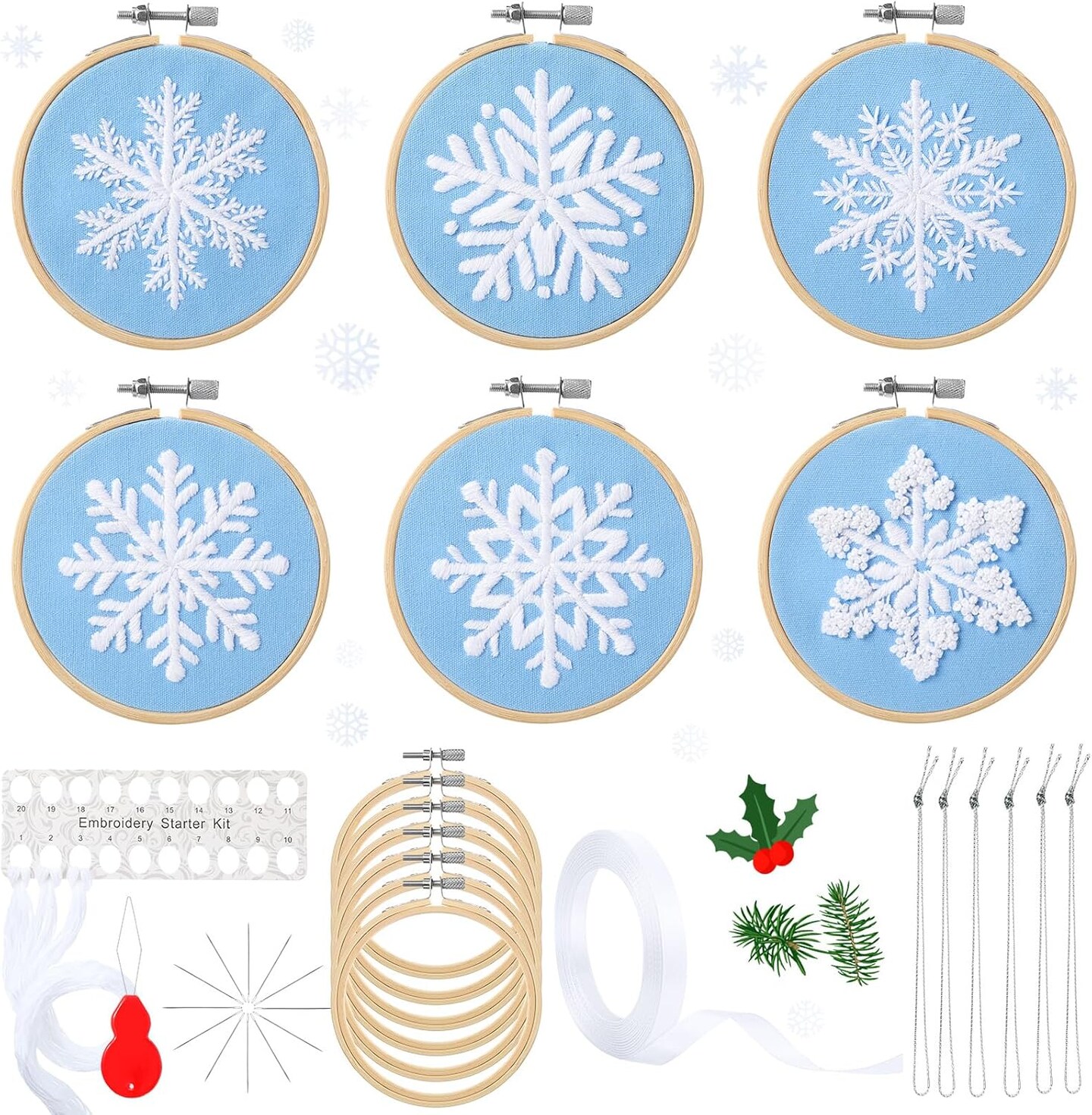 6 Sets Winter Christmas Embroidery Kit for Beginners Snowflakes Cross DIY Needlepoint Kit with Patterns Instructions Embroidery Hoops Threads Needles Needle Threader Ropes Ribbon(Blue)