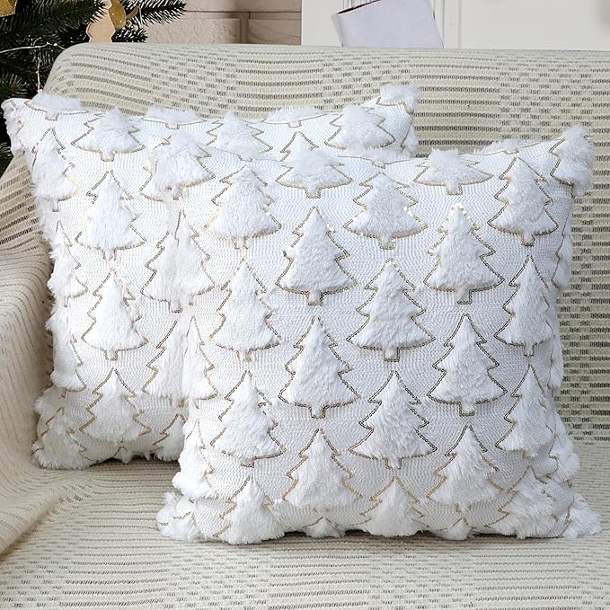 Christmas Tree Decorative Pillow Covers 18x18 Set of 2, White Soft Plush Faux Fur Farmhouse Throw Cushion Cases for Xmas Winter Holiday Home Decorations