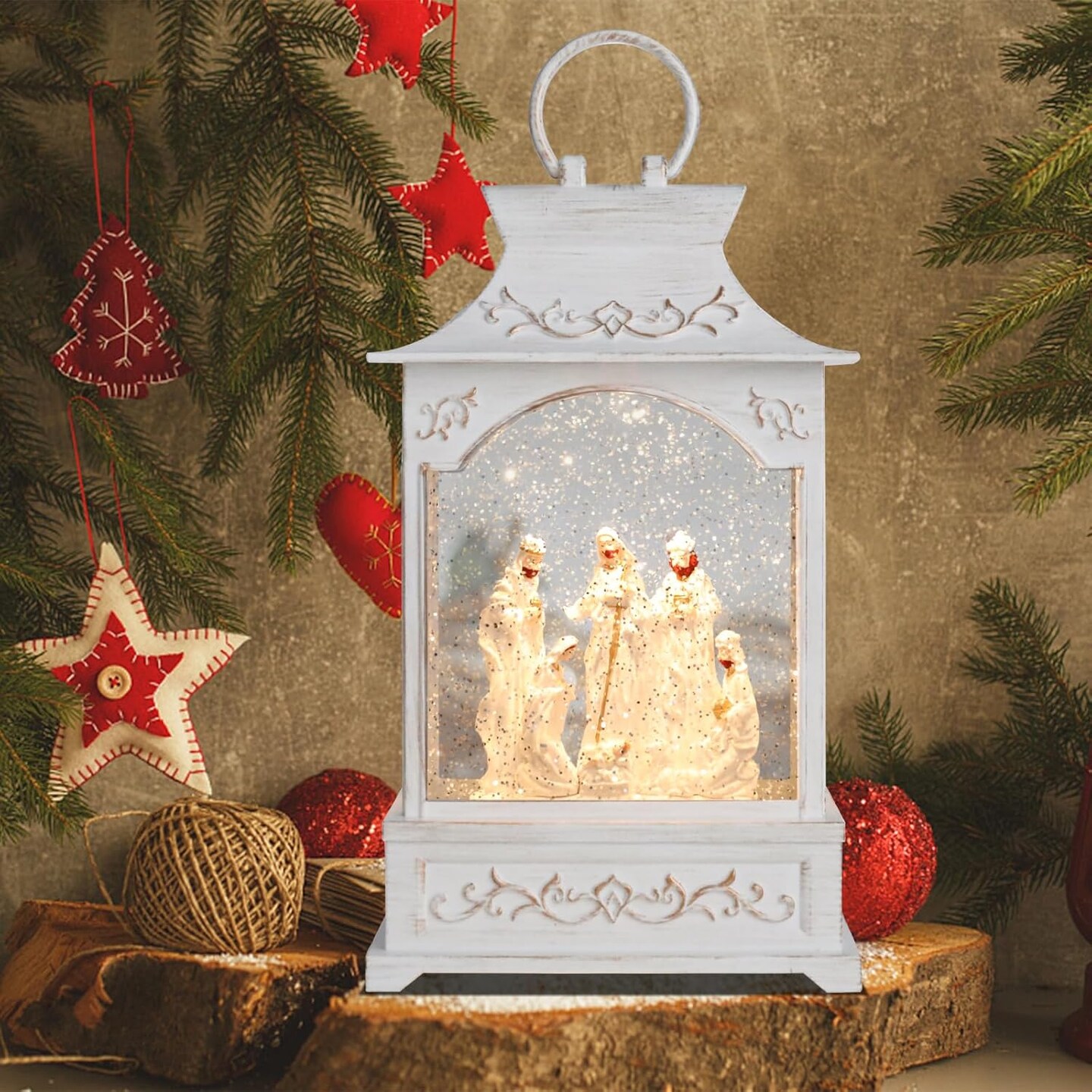 Christmas Lanterns-Lighted Christmas Snow Globes - White Nativity Scene Musical Snow Globe with Swirling Glittering and Battery Operated LED Light Christmas Home Decor
